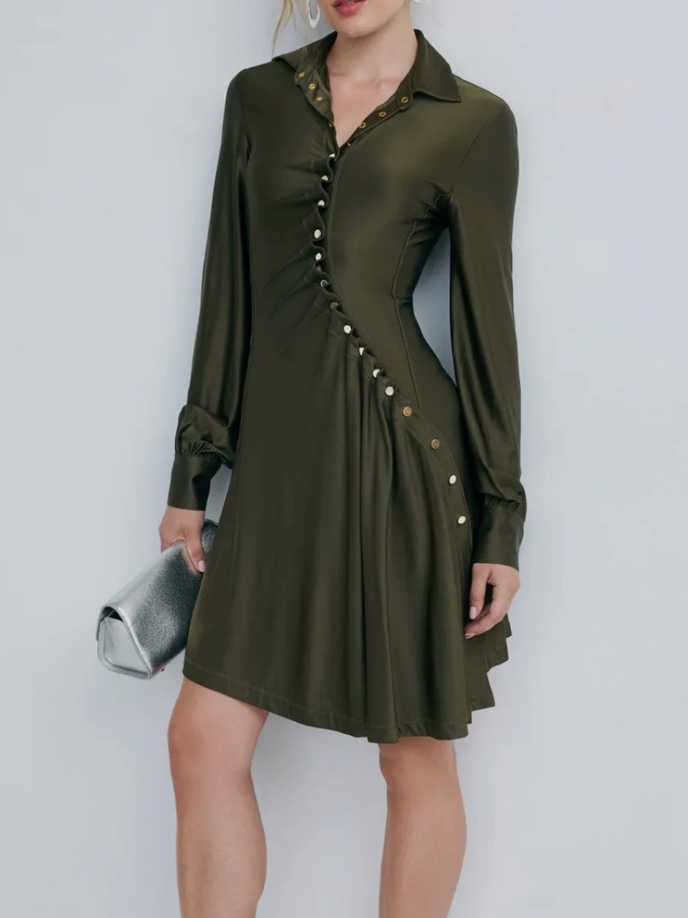 Paco Rabanne Robe Asymmetrical Button Detail Dress Olive Green $1290 Size 38/XS